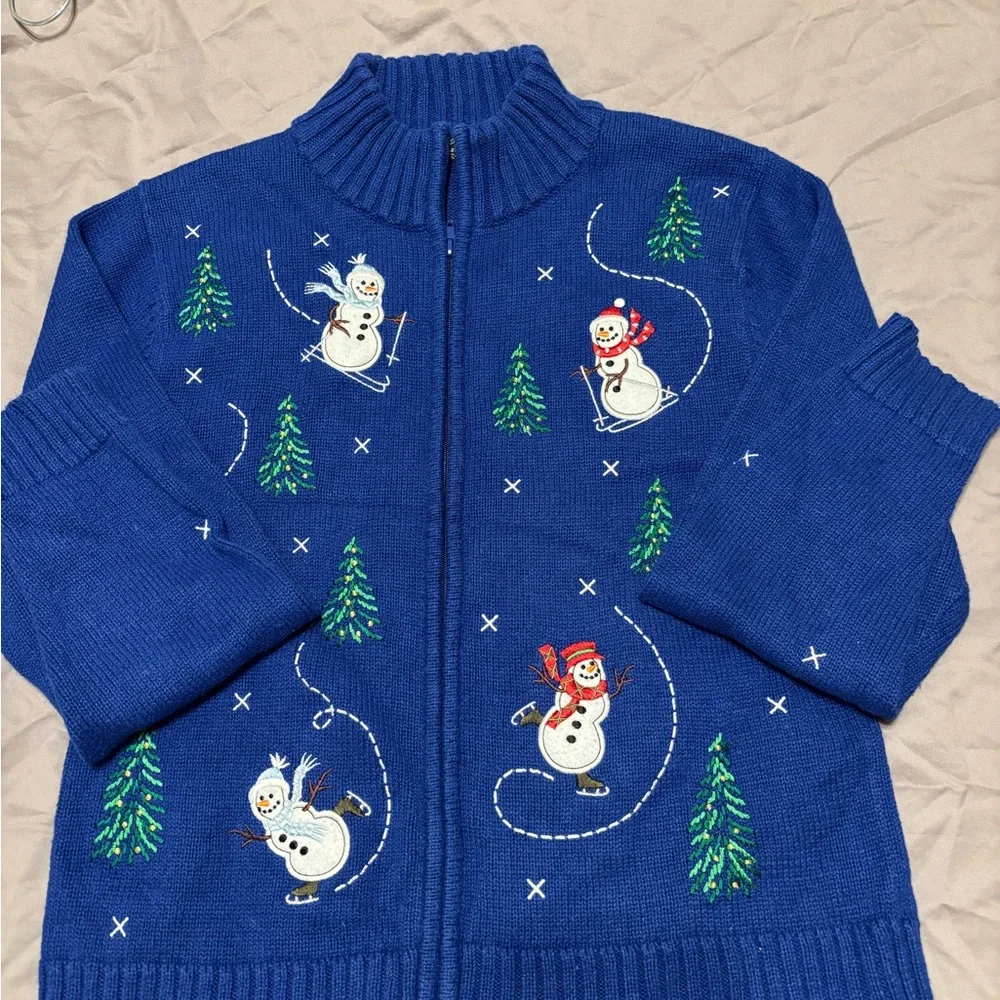 Vintage Crystal Kobe Blue Snowman Christmas Sweater Zip Holiday Cardigan Medium